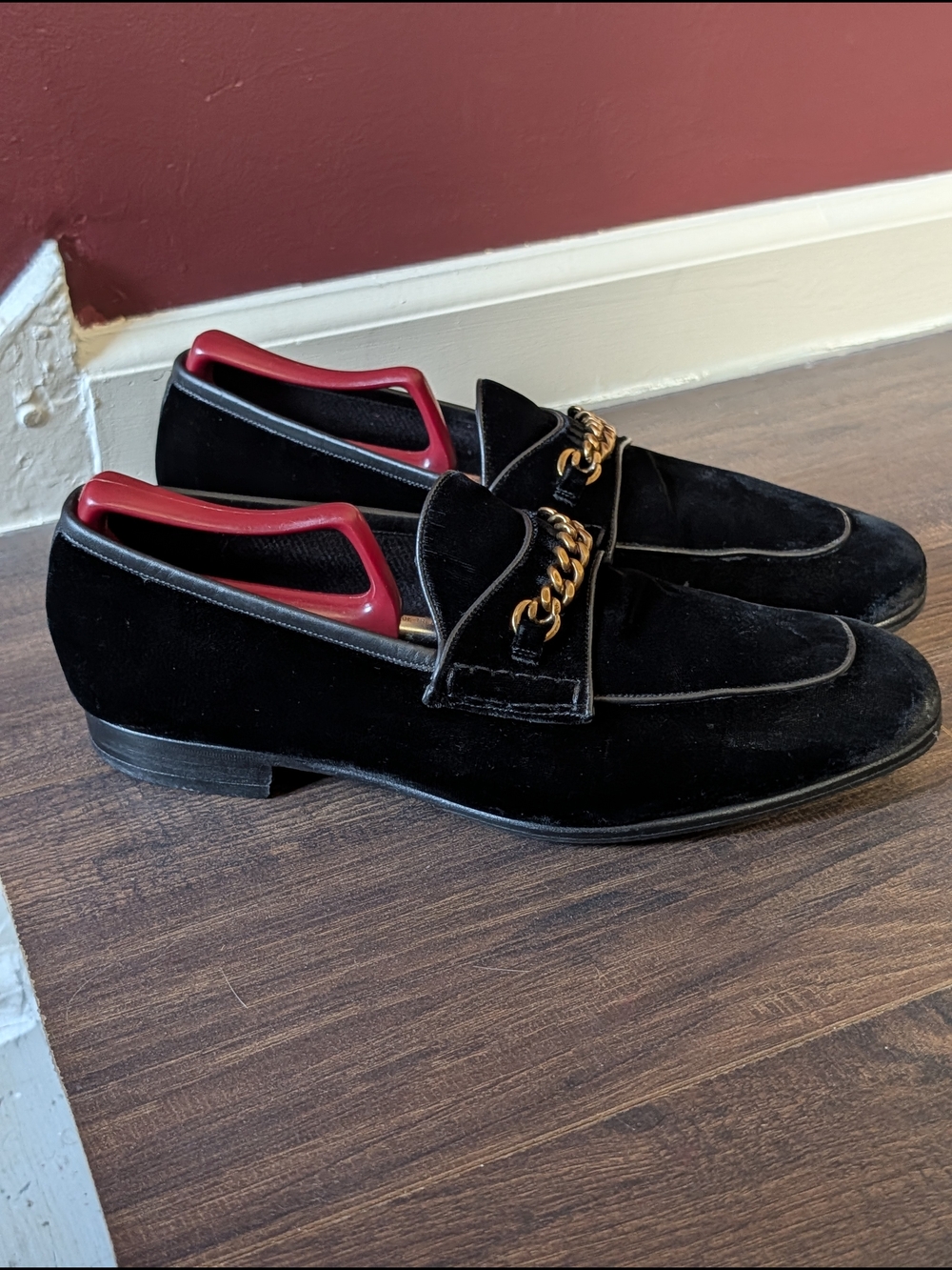 Tom Ford Black Velvet + Leather Loafers with Gold Chain Accent Italy Mens Sz 9 - Picture 2 of 14